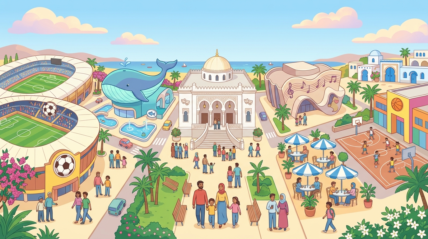 Panorama d'une ville tunisienne avec un stade, un aquarium, un théâtre municipal, une salle de concert, un café et une maison des jeunes
